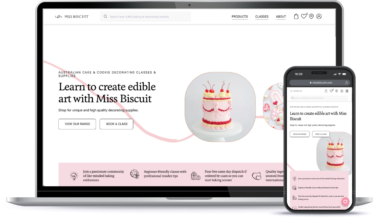 Miss Biscuit website for edible art classes, a WP Engine WooCommerce customer